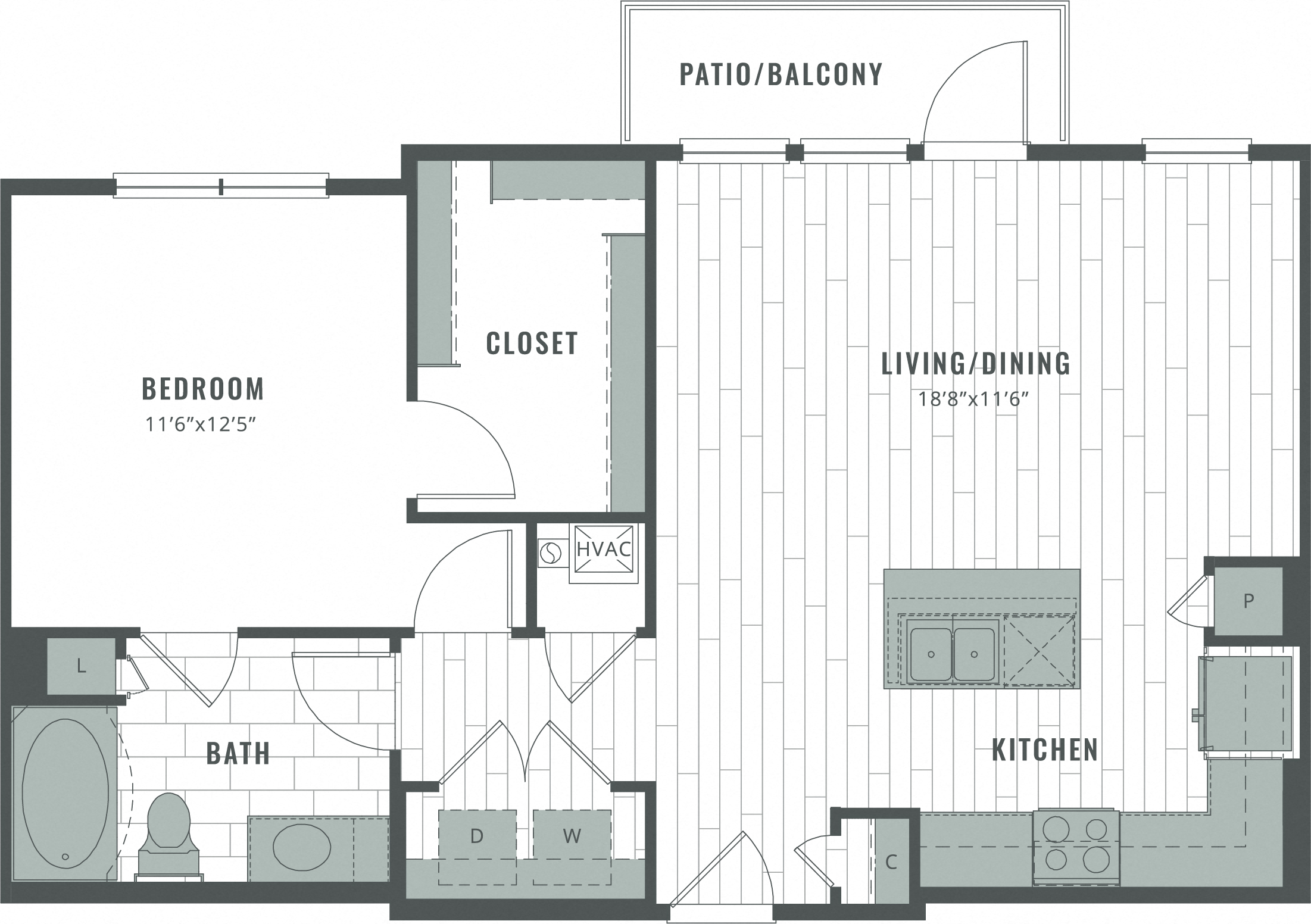 Floor plan for 1 bed, 1 bath, 832 sqft
